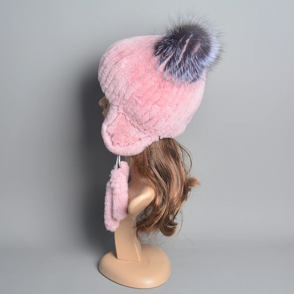 Winter Fur Hat for Women Hat with Ear Real Rex Rabbit Fur Caps Russian Women Bomber Hats Bonnets Trapper Cap Fox Hat Wholesale