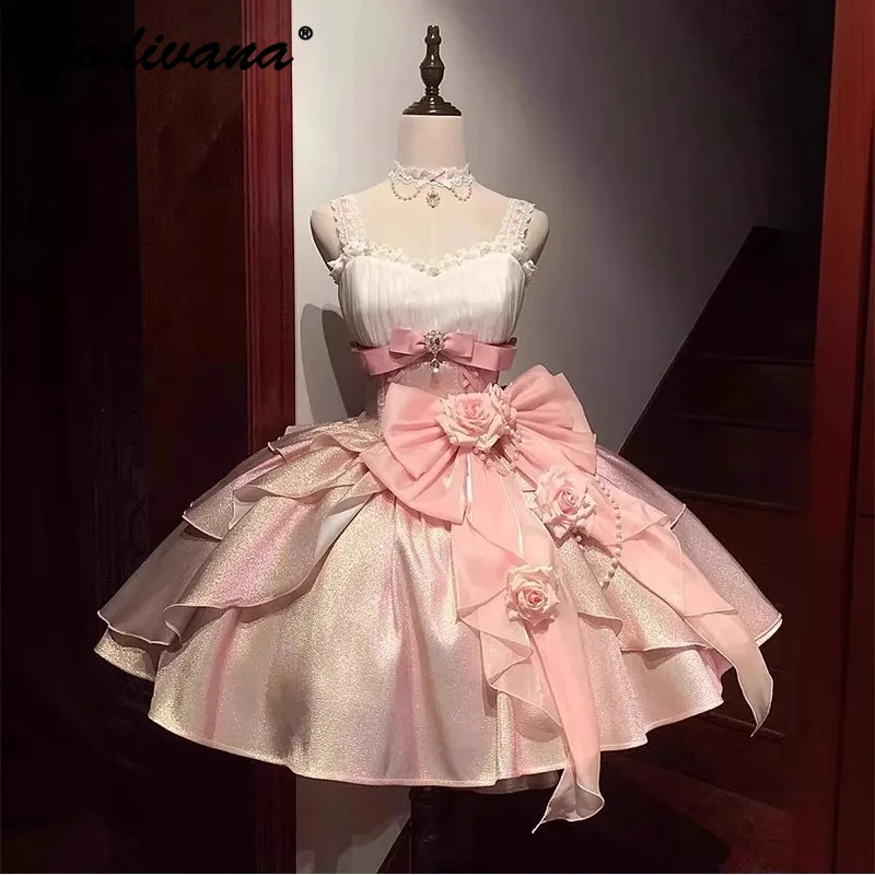 

Pink Rose Flower Princess Puffy Dress for Women Girl New Summer Lolita High Waist Spaghetti Straps Short Dresses