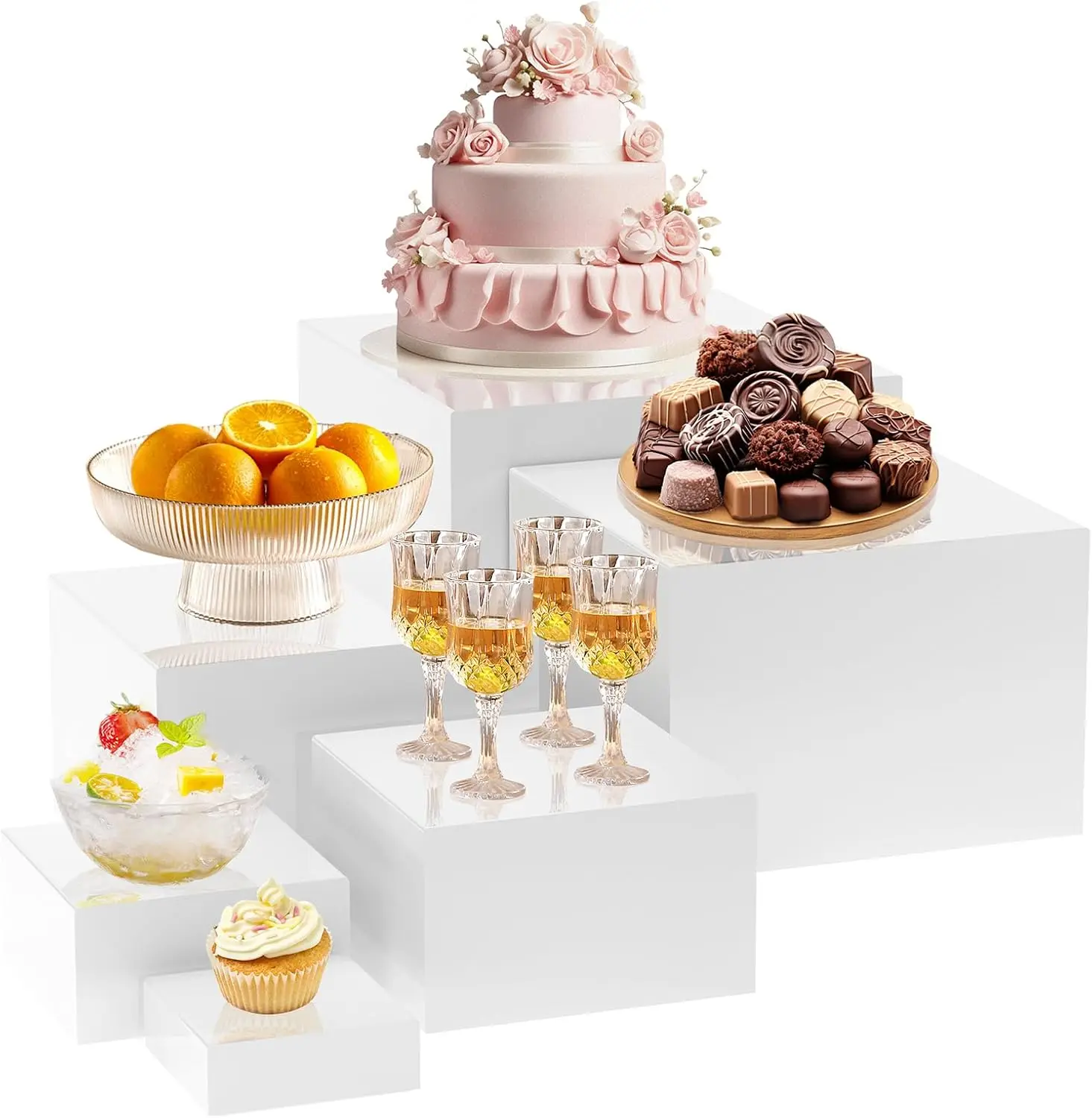 6pcs Acrylic Cube Cake and Dessert Display Stands with Stackable Sections Suitable for Displaying in Wedding Parties and Shops