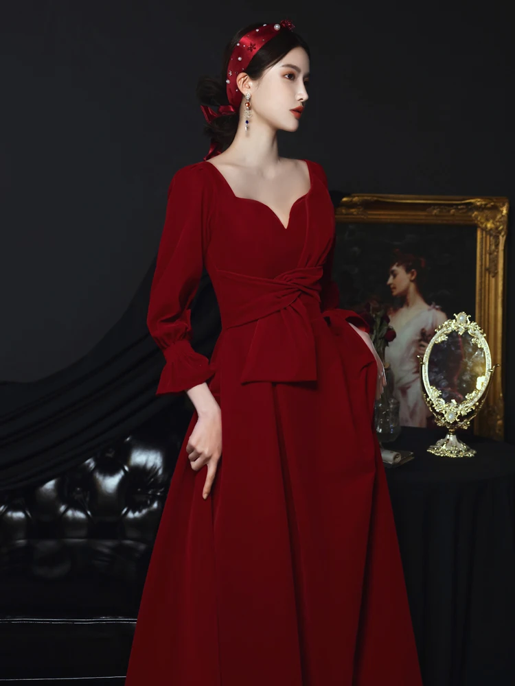 

Red Wedding Dr Long Sve Engagement Par Evening Gown Luxury Sensation Princ Skirt Sle Korean Version mid Waist