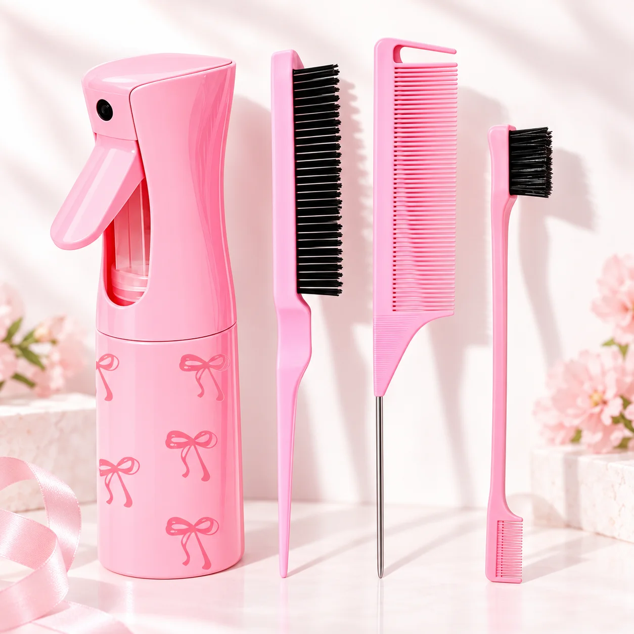 Hair Styling Set Portable 4 Piece Tool Kit Continuous Mist Spray Bottle Rat Tail Comb Edge Brush Teasing Brush for Salon Travel