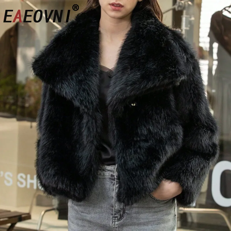 

EAEOVNI Winter Fur Spliced Coat Women Fashion Lapel Collar Long Sleeve Solid Color Streetwear Jacket 2026 New Clothing