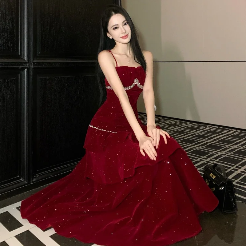 

Красное бархатное платье Cisas с ромбовидными украшениями и кружевной отделкой Ele Вечернее платье для женщин Ele Par Dr