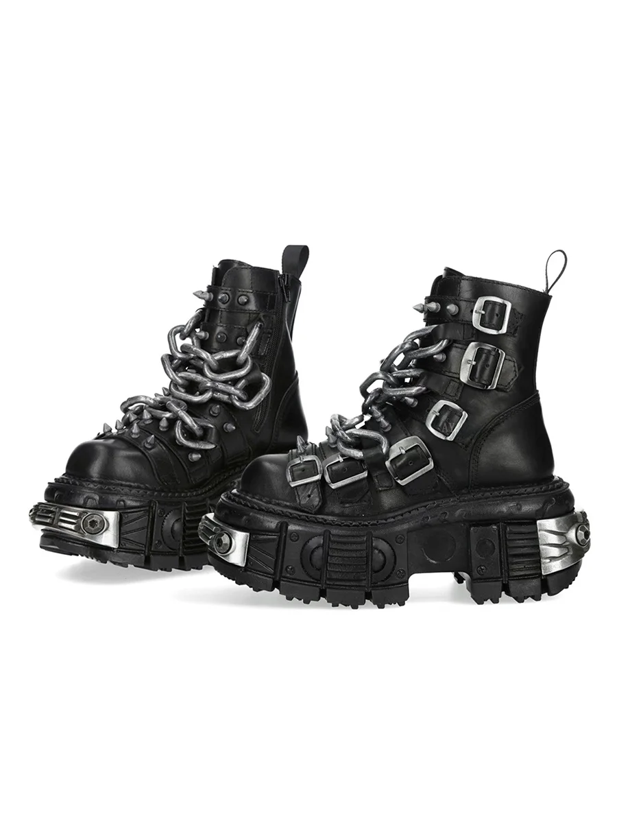 

Punk Style Metallic Motorcycle Boots Women's Thick Heel Heightening Short Boots Stylish Dark Short Booties Trendy round Toe