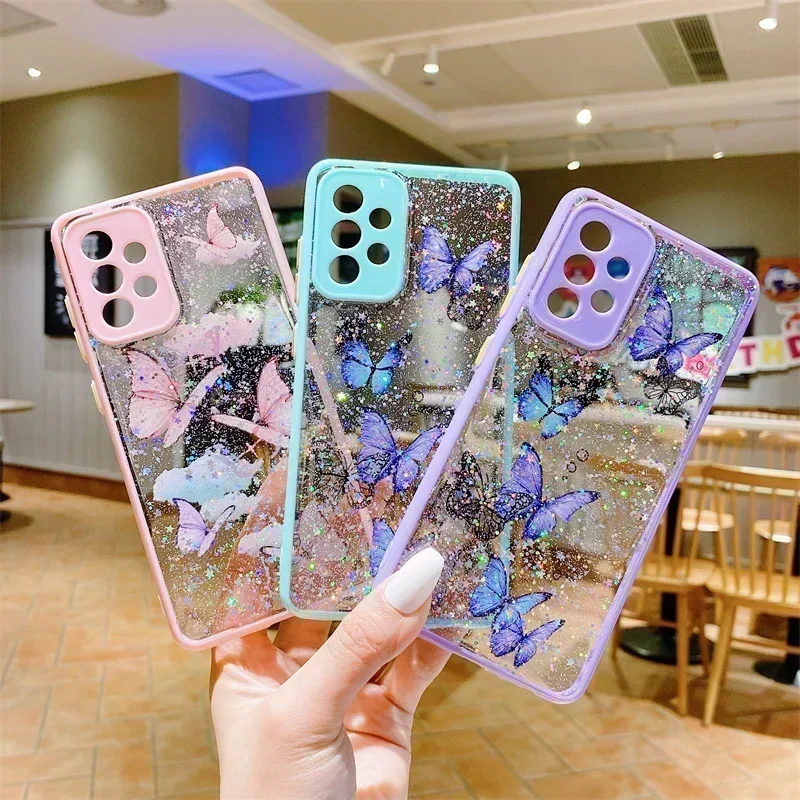 Glitter Sequin Butterfly Case For Samsung Galaxy S24 S23 S22 S21 S20 Plus Ultra FE A14 A54 A34 A73 A53 A33 A13 A72 5G Soft Cover