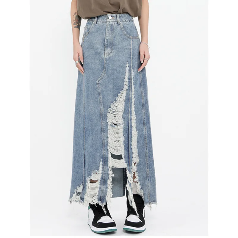 

HUISONG High Waist Blue Denim Holes Irregular Burr Long Casual Half-body Skirt Women Fashion Tide New Spring Autumn 2025