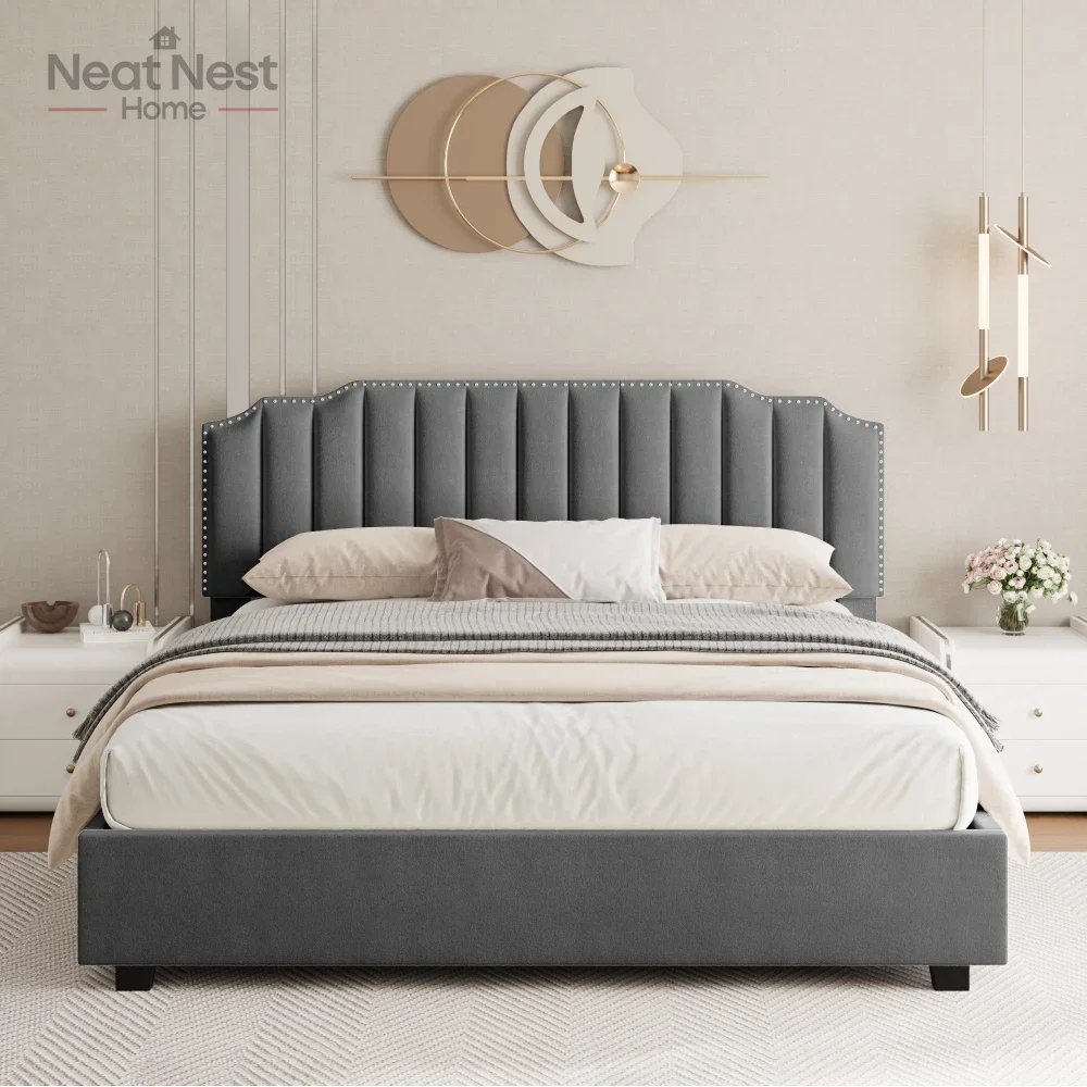 

the upholstered bed frame queen,Lift-Up Velvet Double size Bed with storage,classic design with carved headboard,Gray