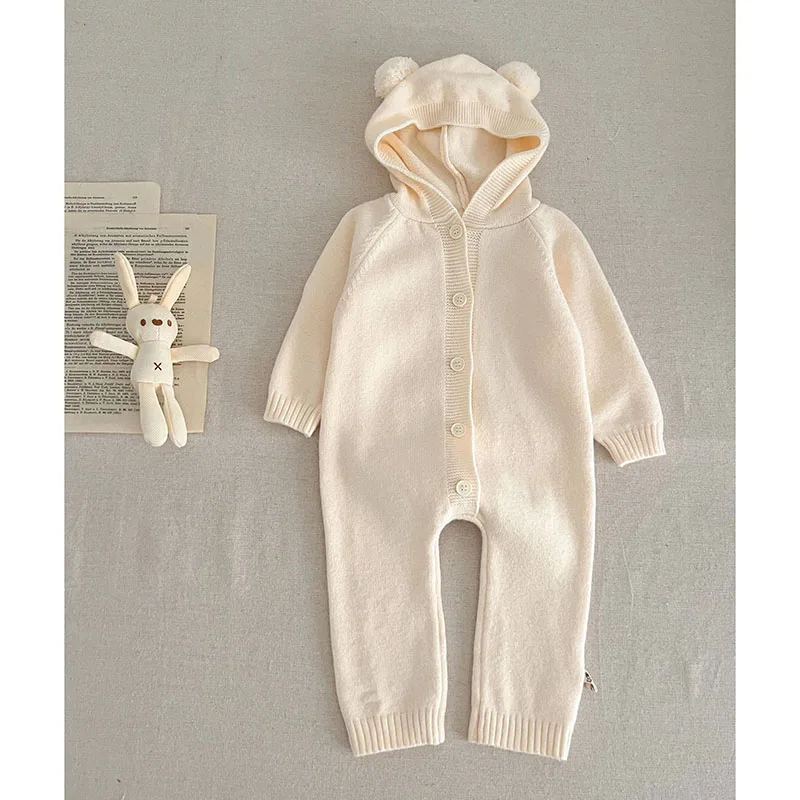 Autumn Winter Children Knitted Clothes Infant Baby Boys Girls Knitted Jumpsuit Solid Color Hooded Newborn Baby Knitted Bodysuits