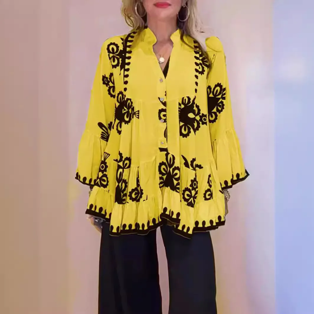 Blusa holgada con estampado Irregular para mujer, camisa de manga larga con cuello en V, botones y volantes, cómoda, informal, a la moda, novedad de 2024