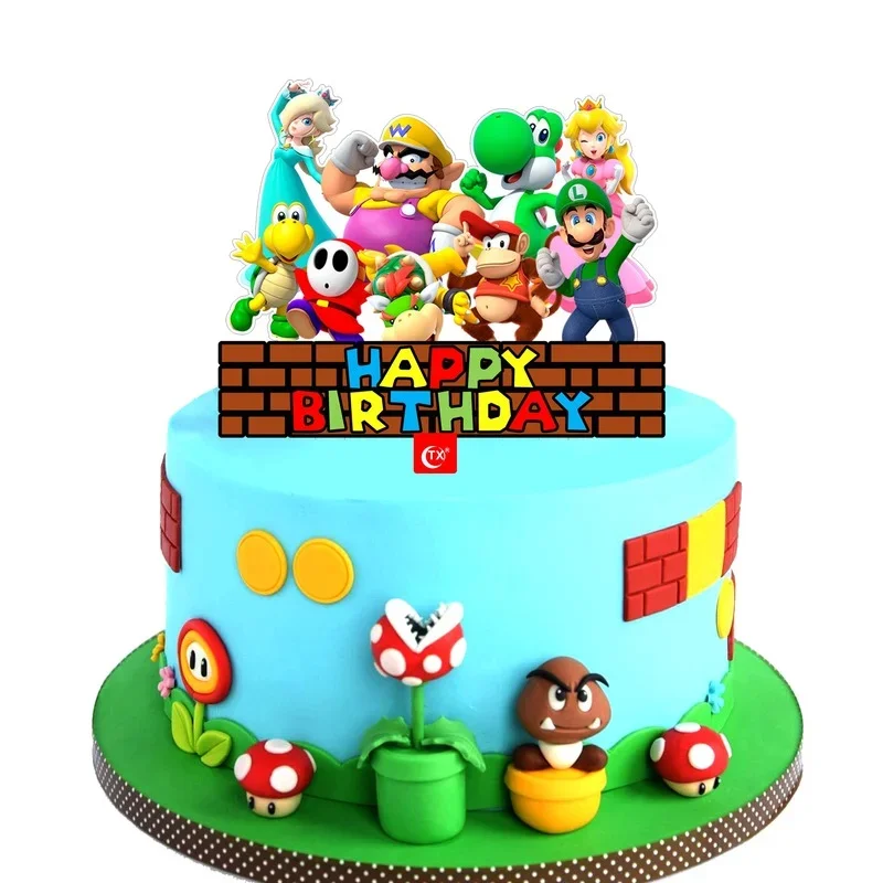 Super Mario Action Toy Figure Mario Bros Luigi Yoshi Bowser Cupcake Cake Insert for Kids Birthday Party Cake Decoration Supplies