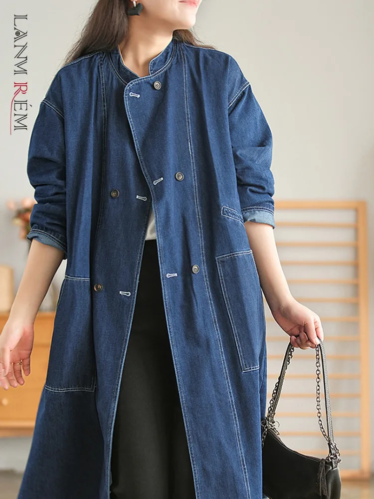 

LANMREM Office Lady Denim Trench Coat For Women Stand Collar Long Sleeves Double Breasted Retro Patchwork Coats 2023 2YA3646