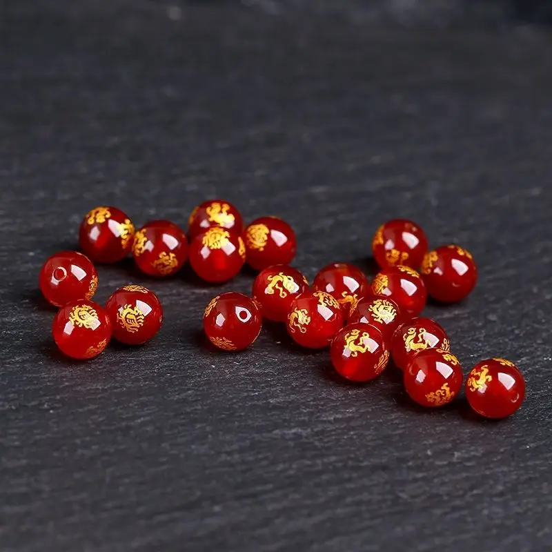 Red Agate Four Divine Beasts Gold Plated Round Beads