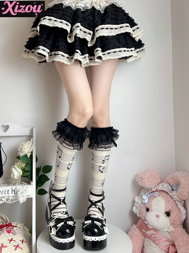 Japanese y2k yabifeng autumn lolita sweet music note black lace calf socks women's pressure socks personality girl tube socks