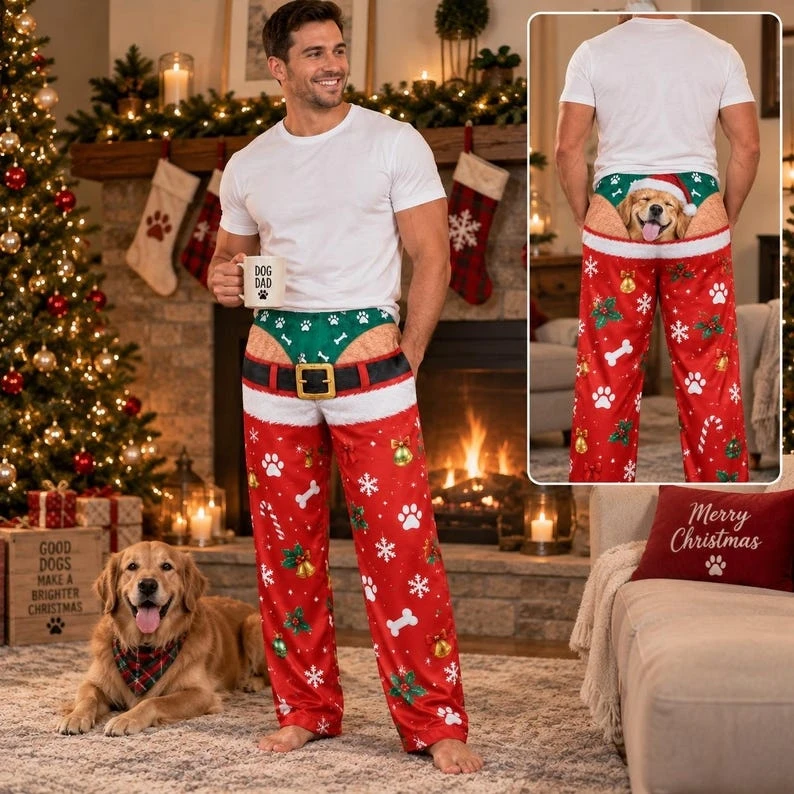 Lustige Weihnachtshose mit weitem Bein für Damen und Herren, Lebkuchen-Hundepfoten-Print, Fake-String-Ausschnitt, Weihnachts-Paar-Party-Kostüm, Neuheit, Streichkostüm – Detail 5
