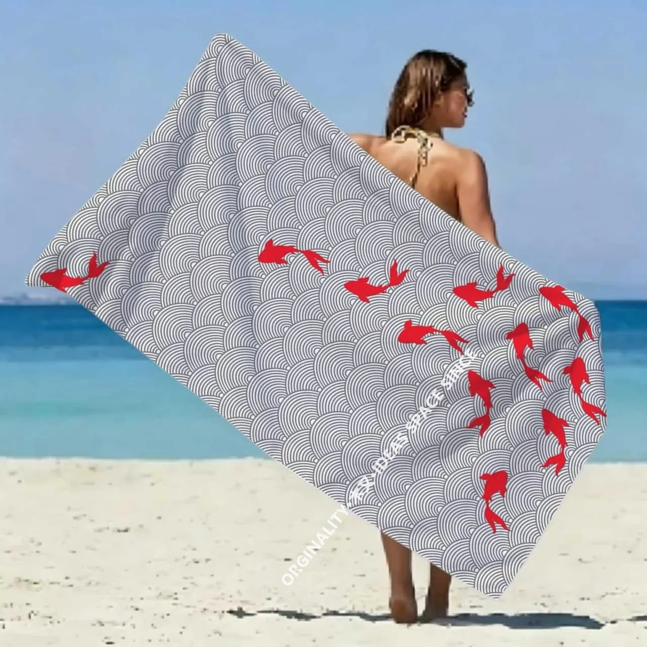 Koi Fish Japanese Wave Beach Towel Patterned Sunscreen And Windproof Suitable For Swimming Pool Camping Travel