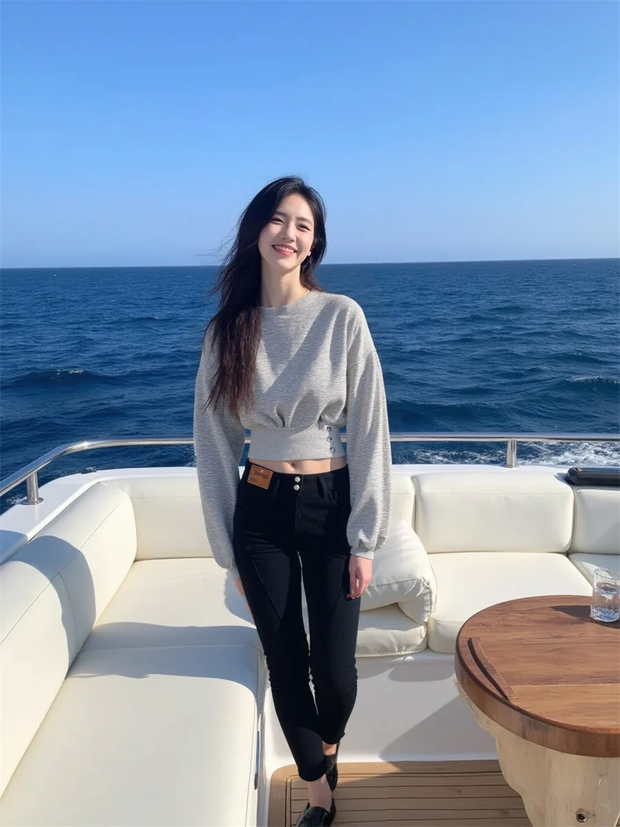 Crop Top Woman Y2K Sweatshirts Youthful Gray Clothes Side Split Irregular Hem Asymmetric Design Modern Fashion Forward Creative