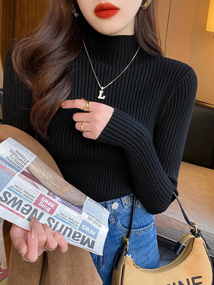 Women Autumn Half Turtleneck Sweater Ribbed Long Sleeve Knitted Basic Solid Pullover Sweater Female Winter Soft Slim Jumpers Top