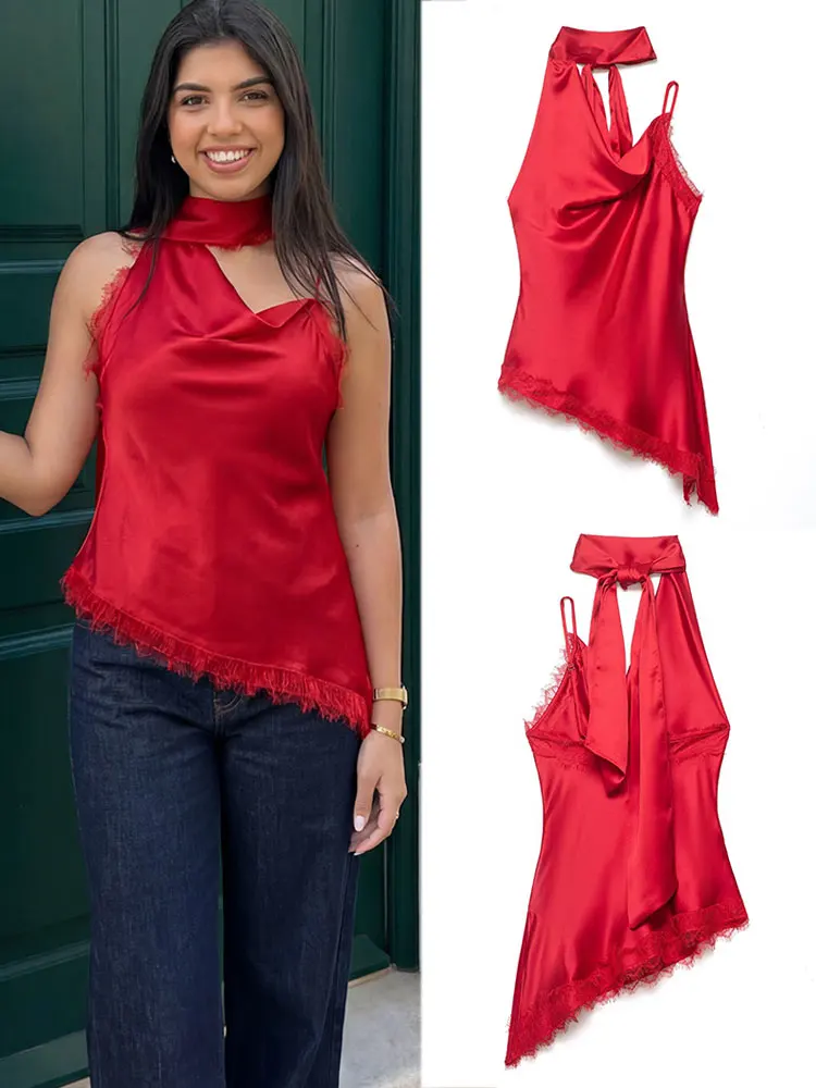 HH Damen Elegantes Rotes Satin-Neckholder-Top Asymmetrische Spitzenbluse Vintage Streetwear für Frauen Lässige Urlaubskleidung