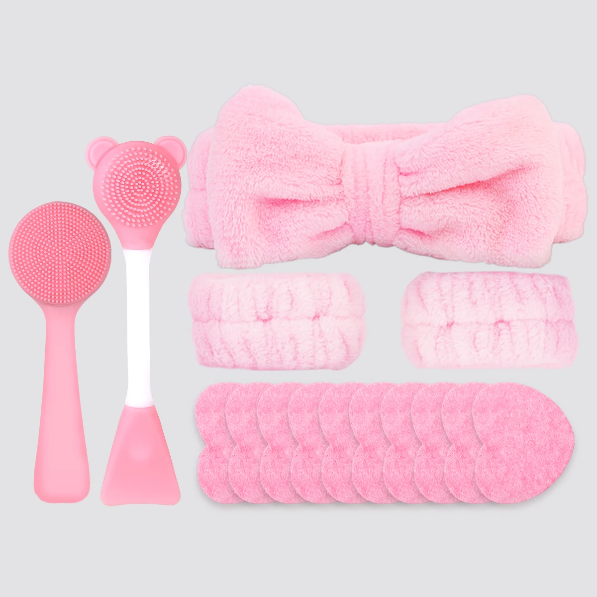 

15PCS pink face cleaning combination, wrist hair band with sponge washbasin, perfect tool set for ladies' face cleaning.