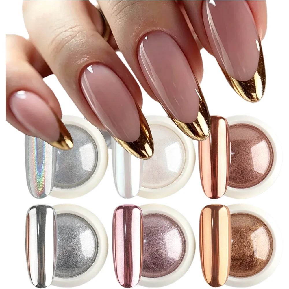6 Stück Spiegelchrom-Nagelpuder, holografisches Perlweiß, Roségold, Silber, metallisches Pigment, Nagelglitzer, Staub, Maniküre-Dekoration