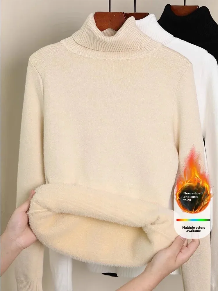 

New Winter Turtleneck Sweater Women Elegant Thicken Velvet Lined Warm Sueter Knitted Pullover Slim Tops Jersey Knitwear Jumper