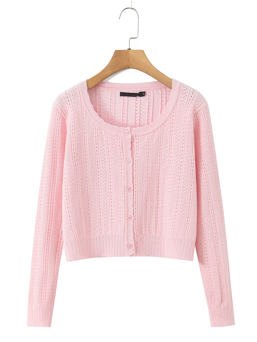 TWOTWINSTYLE Basics Casual Cardigan for Women U Neck Long Sleeve Spliced Wave Cut Slimming Knitwear Female Autumn Fashion Style