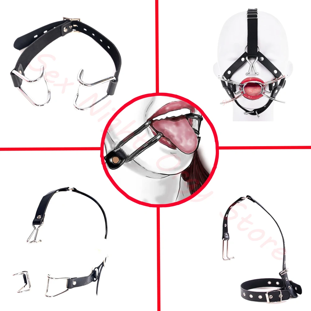 Bdsm Slave Metal Nose Hook, fissazione orale Fetish Open Mouth Bite Gag con Clip per il naso, SM Leather Head Bondage Harness Strap Sex Toy