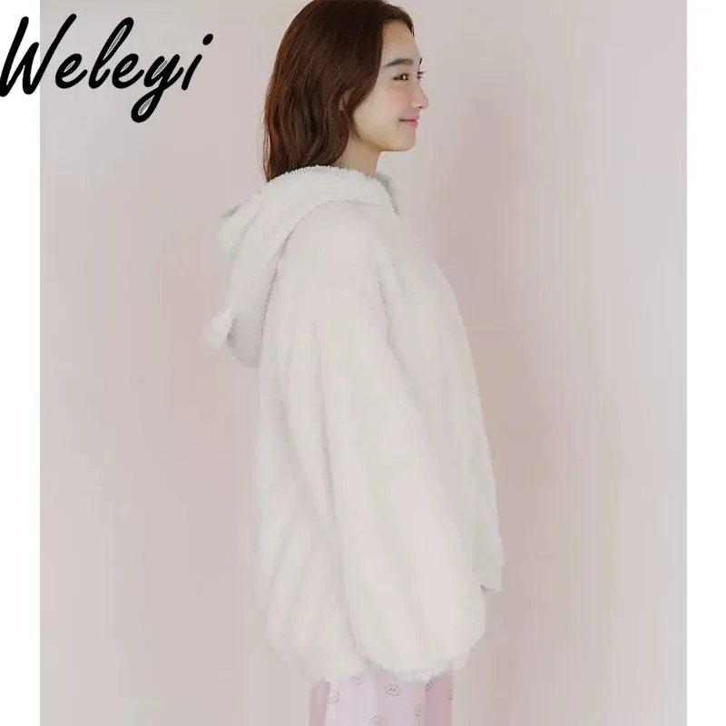 Kawaii Sweet Japanese Night Wears for Women Sleepwear Winter Fashion Long Sleeves Positive and Negative Cotton Hooded Pijamalar