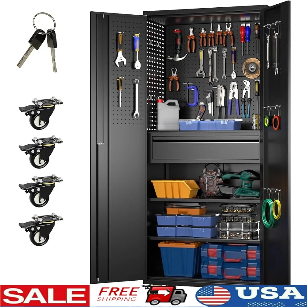 

Mobile Metal Storage Cabinet Garage Tool Organizer with Wheels Lockable Pegboard Drawer Adjustable Shelves Versatile Storage
