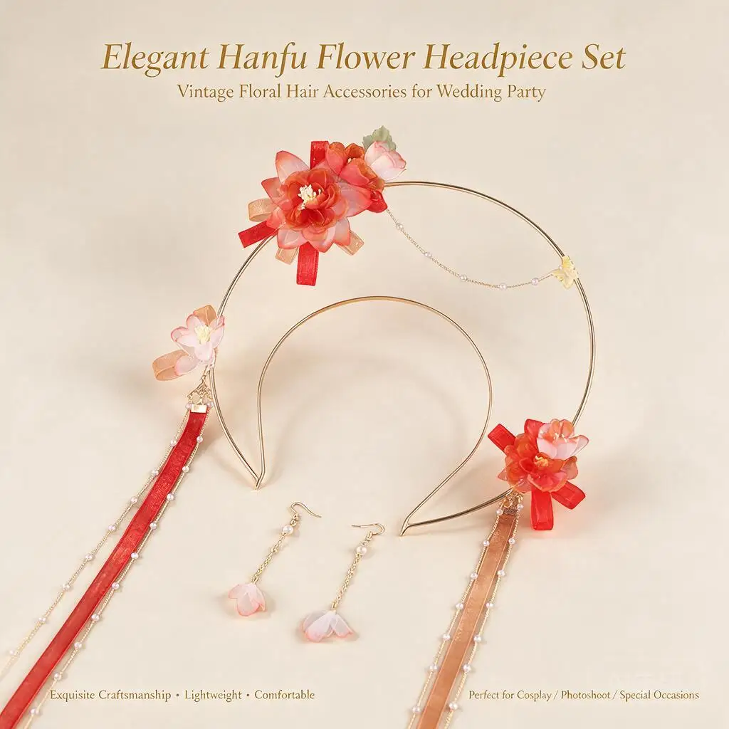 Handmade Gold Double Layer Halo Headband Red Flower Ribbon Pearl Tassel Hair Hoop With Earrings For Cosplay Hanfu Lolita Party