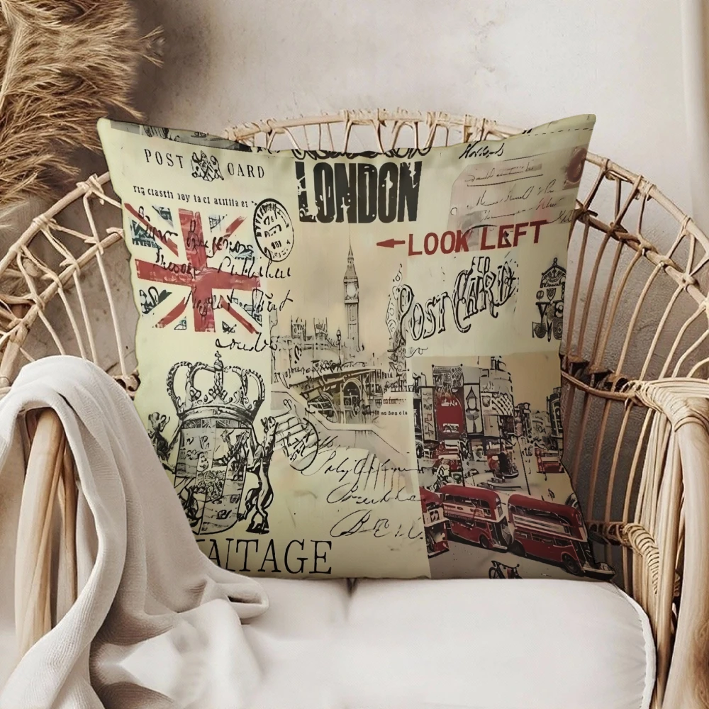 Square Throw Pillow Cover Beige Vintage London Postcard Print With Big Ben Red Bus And Union Jack Flag For Living Room Sofa Bedr