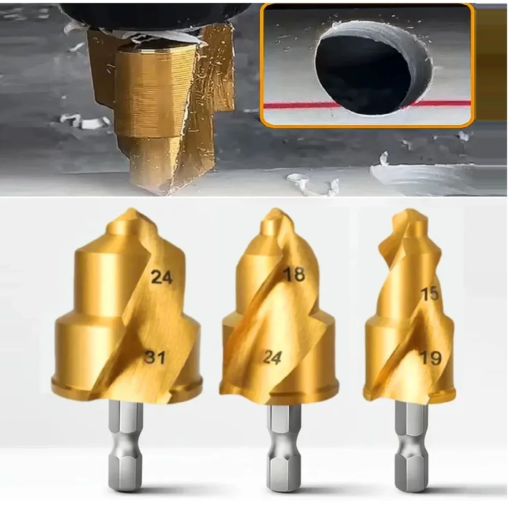 PPR Stepped Drill Bit Set 3 Piece for Plastic Water Pipes with Stable Hex Shank and Efficient Chip Evacuation Features