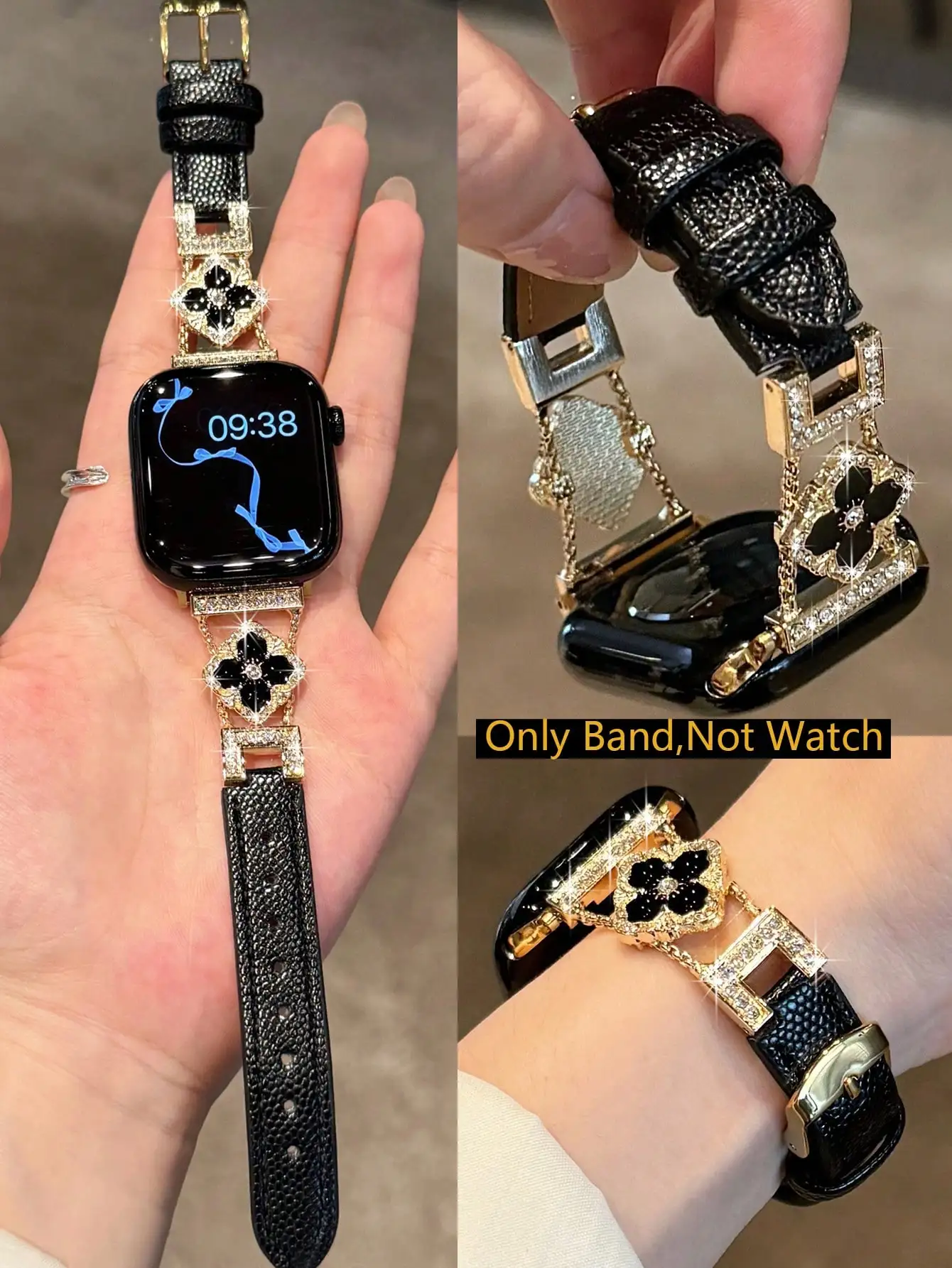 1pc New Women's Gold Shiny Four-Point Star Diamond Inlaid Metal Splicing Black Strap, Suitable For Apple Watch 38/40/41/42/44/45/46/49mm, Compatible With Apple Watch Ultra/SE/11/10/9/8/7/6/5/4/3/2/1, Fashion Smartwatch Accessory, sj2408218102842321