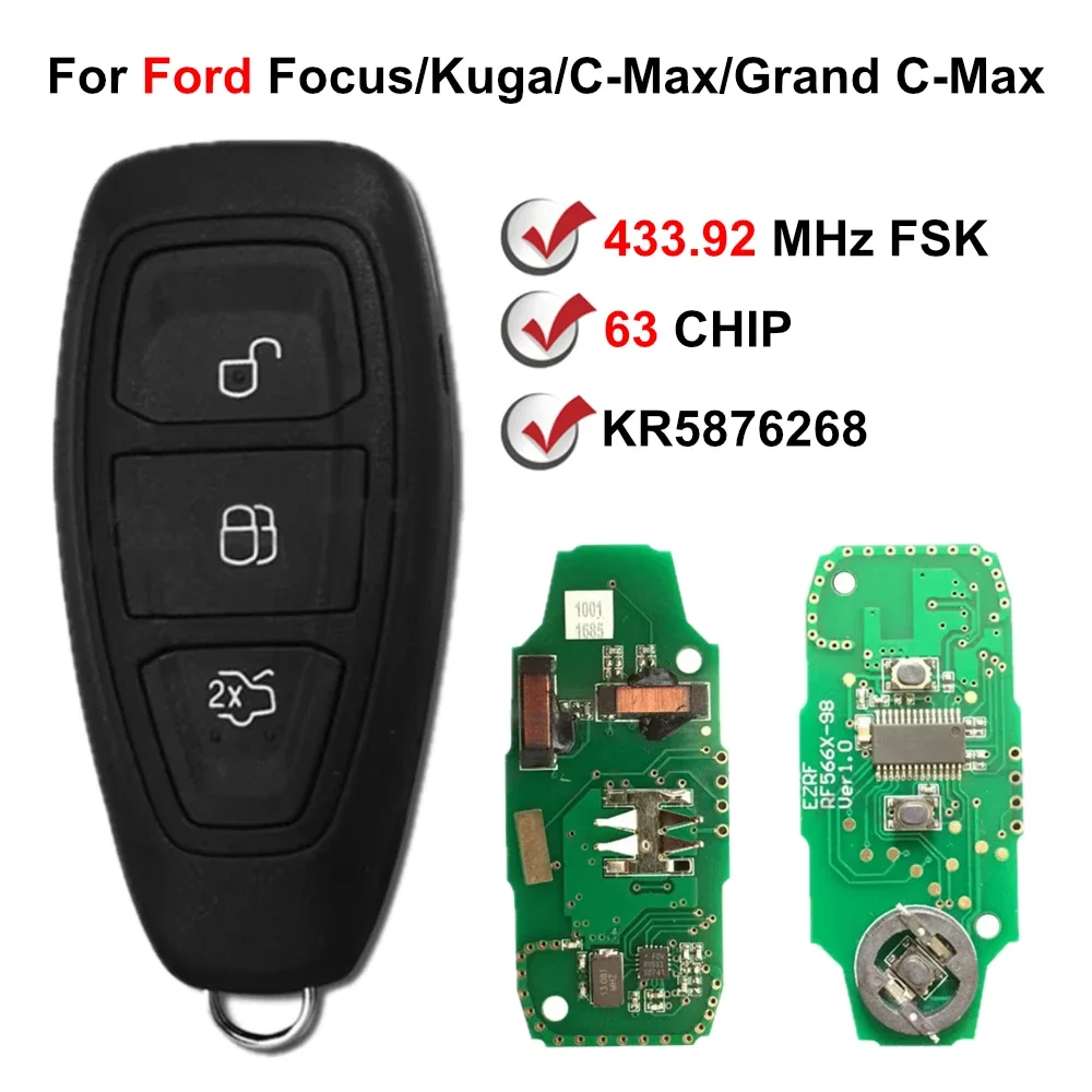 3 Button  4D63 Chip 433MHz KR5876268 Smart remote Key fob For Ford C-Max/Focus/Grand C-Max/Mondeo/Kuga 2015-2019