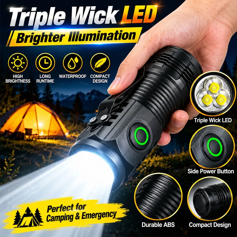 Water Resistant Portable Flashlight Super Bright Handheld Beam Long Lasting 6H Battery Life Pocket Torch with Clip for Outdoor