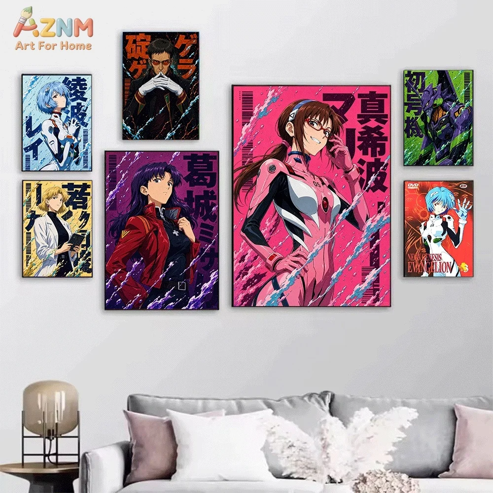 AZNM Neon Genesis Evangelion Anime Canvas Poster EVA Shinji Asuka Rei Kaworu Mari Misato Japanese Text Style Frameless Wall Ar