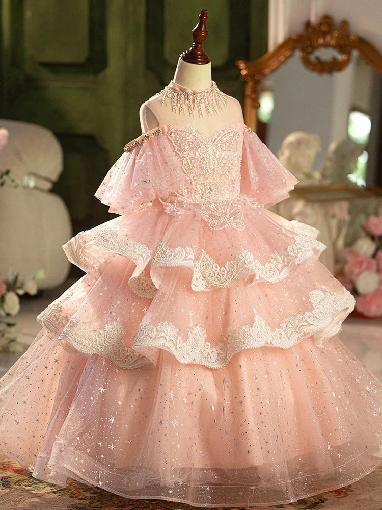 Vestido de encaje de tul para fiesta de cumpleaños de bebé, vestido de tutú de princesa para niños, Bola de flores, niña, pluma, perla, mariposa, flor, boda