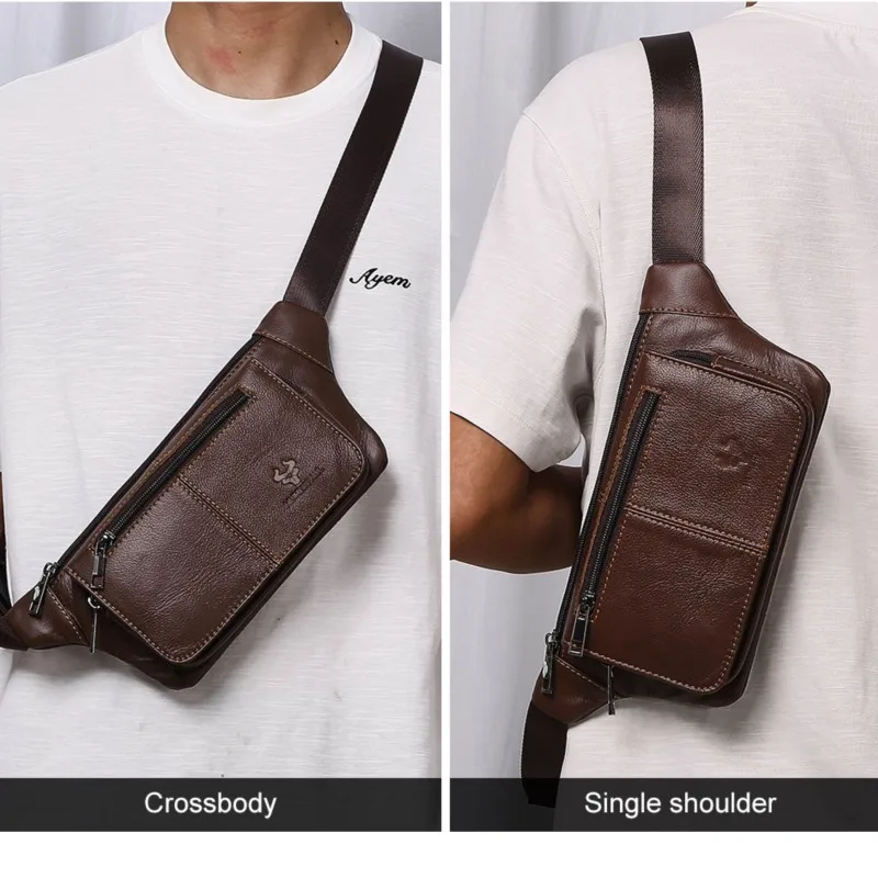 الرجعية حقيقية جلد البقر الرجال الخصر حقيبة الرياضة في الهواء الطلق حقيبة صدر للرجال المألوف التنقل واحدة الكتف حقيبة كروسبودي للعمل #5