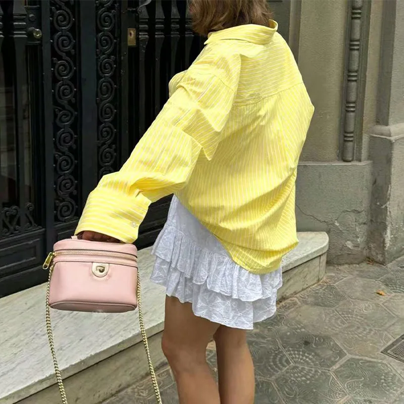 2025 أوائل الخريف نمط جديد عبر ins النمط الأوروبي الغربي قميص طويل الأكمام بلوزة مخططة سترة المرأة