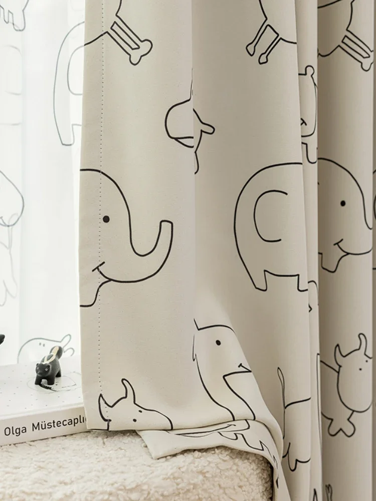 Cartoon Animal Children's Bedroom Blackout Curtains Cute Home Decorative Gauze Curtains Black White Minimalist Kaiyi Curtain