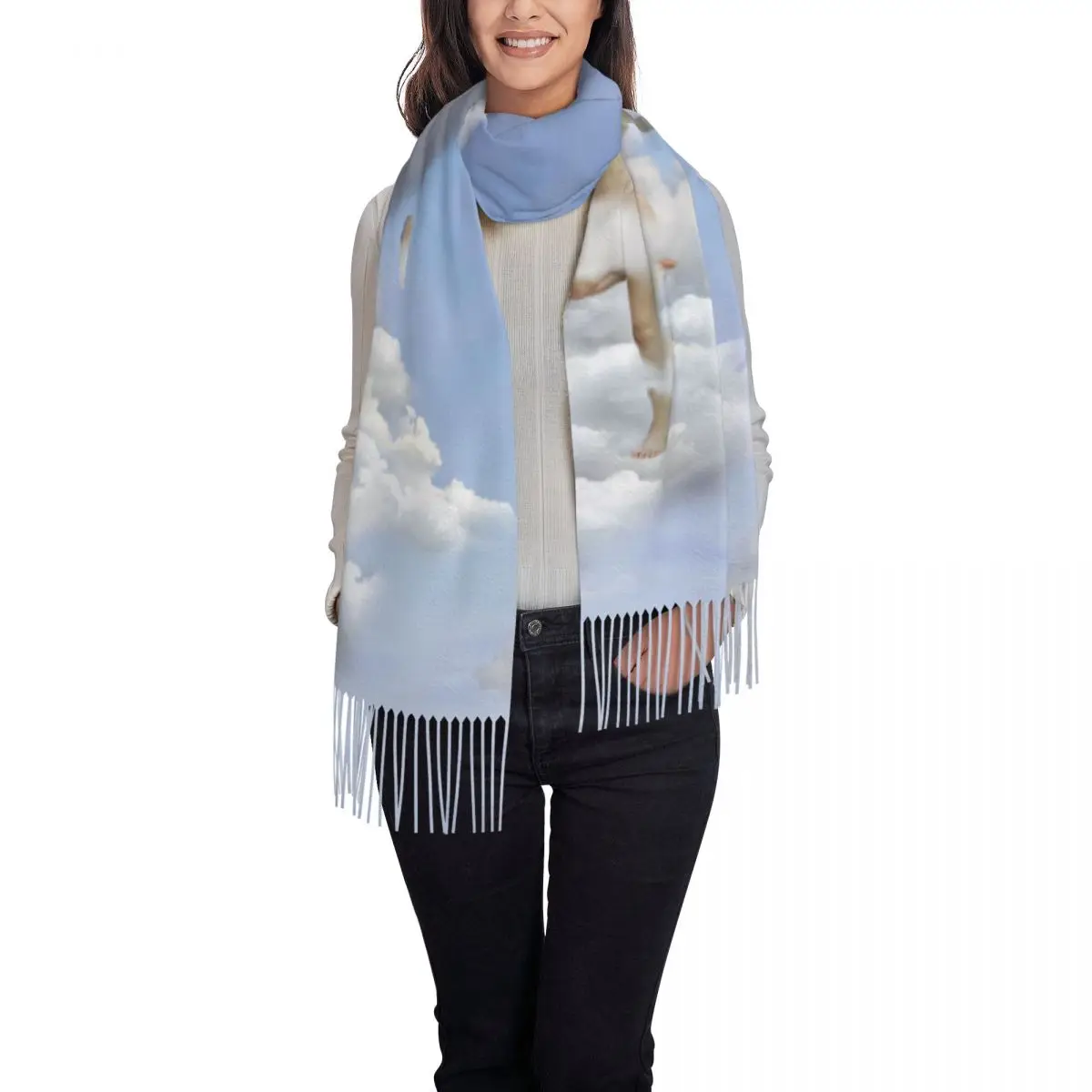 Custom Lady Large Clouds Angels Kiss Scarves Women Winter Fall Thick Warm Tassel Shawl Wrap Renaissance Cherub Scarf