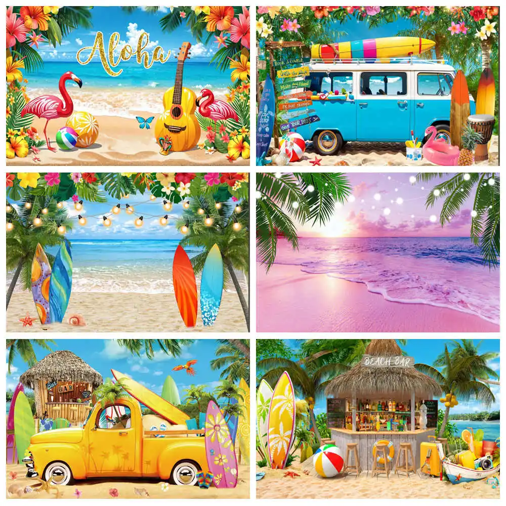 

Summer Beach Hawaiian Backdrop Seaside Tropical Hawaii Luau Aloha Flamingo Baby Birthday Holiday Party Photography Background