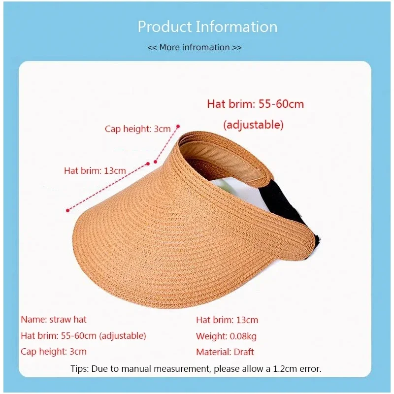 Sun Visor Hats for Women Wide Brim Straw Visors Womens Foldable Beach Visors Summer Roll Up Ponytail Beach Hat