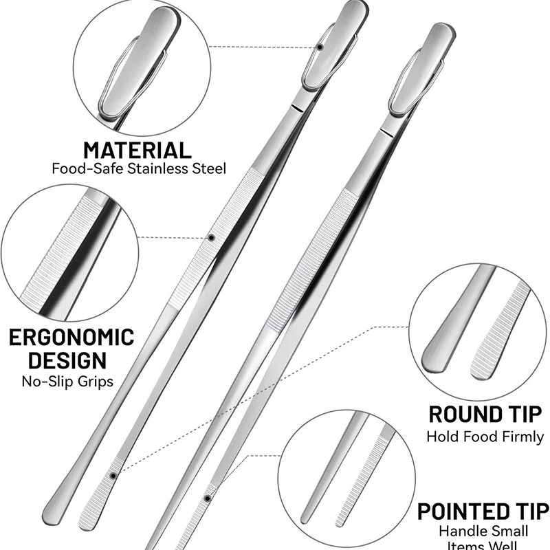 12 Inch Multifunction Stainless Steel Kitchen Tweezers Cooking Tweezers Long Tongs for Barbecue Practical Kitchen Tool CFQJ007