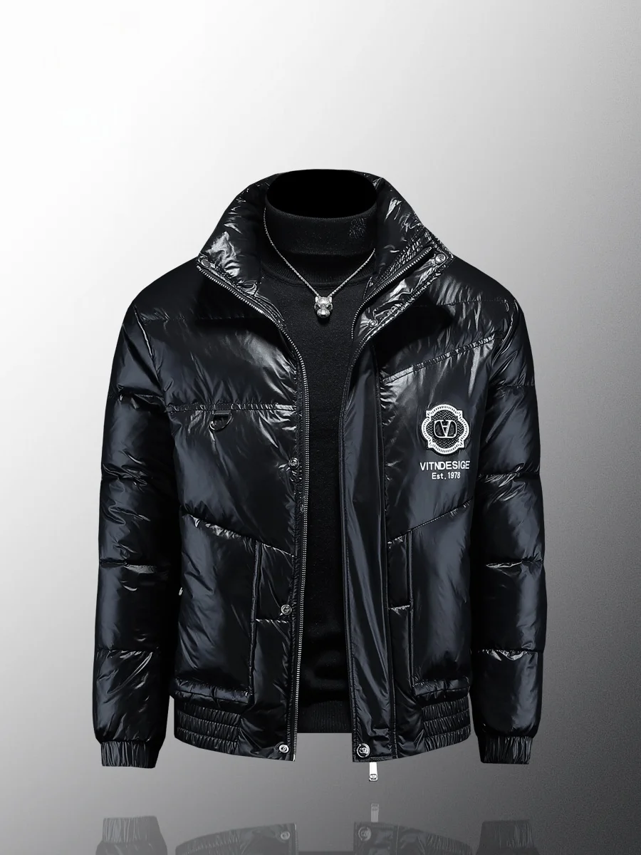 

Высококачественная глянцевая утепленная куртка с вышивкой и воротником-стойкой, модная городская зимняя верхняя одежда для молодых мужчин, водонепроницаемая