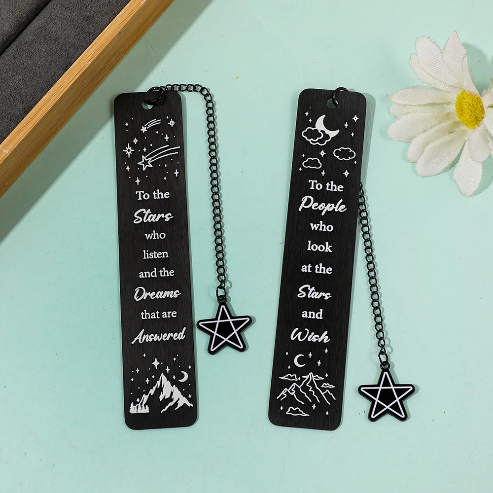 

Закладки из черного металла «Космические» с цитатами «К звездам», арт-дизайн «Горы/Звезды» и подвески-пентаграммы для мечтателей