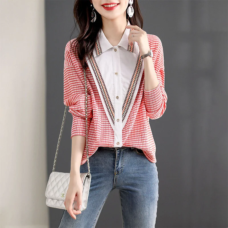 Spring Autumn Polo-neck Patchwork Long Sleeveless Shirt Female Loose Casual Buttons All-match Top Women Elegant Fashion Blouse