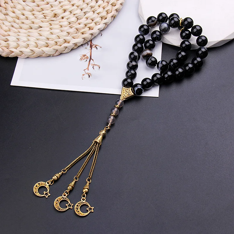 Fashionable 12mm Natural Black Onyx Muslim Rosary Star Moon Pendant Bracelet Prayer for Healing and Health Accessories Bracelet