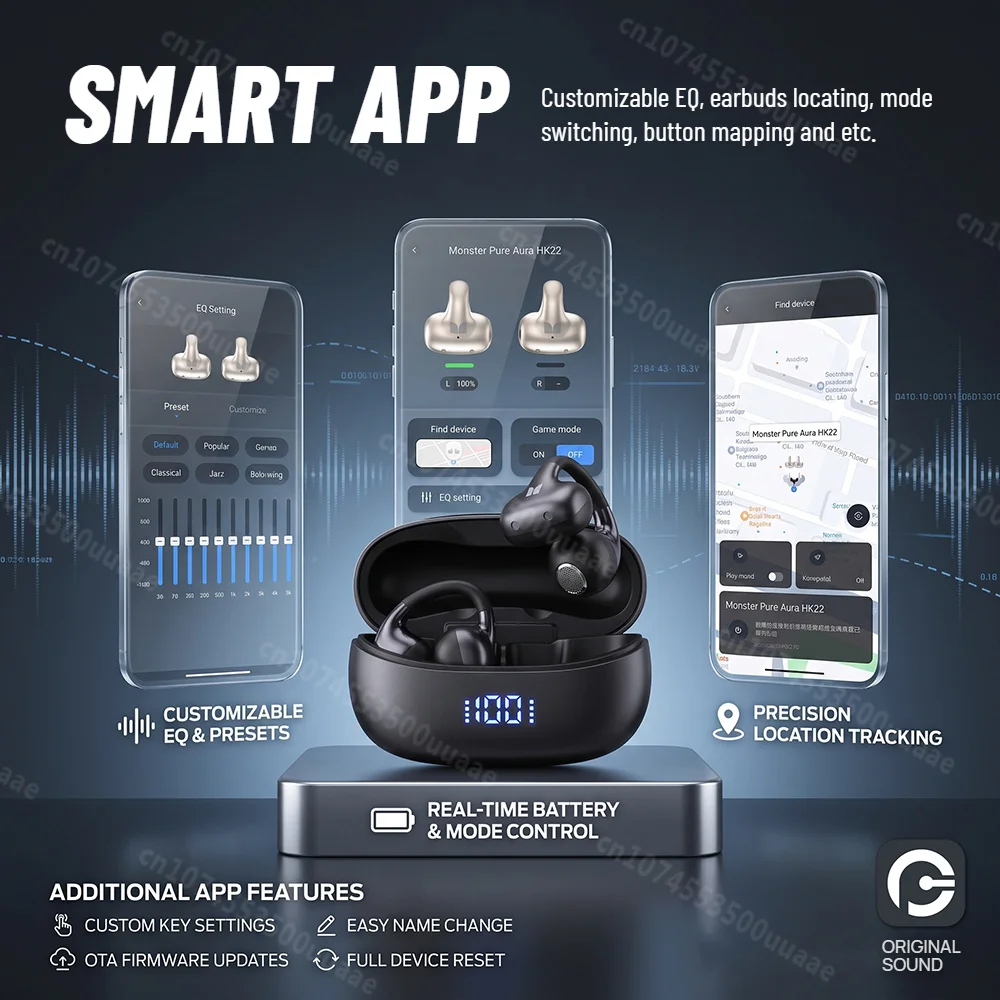 Monster HK22 Earclip Ear Buds 360° Stereo Sound Bluetooth 6.0 Earphones Clip on Ear TWS Wireless Earbuds with APP EQ Equalizer