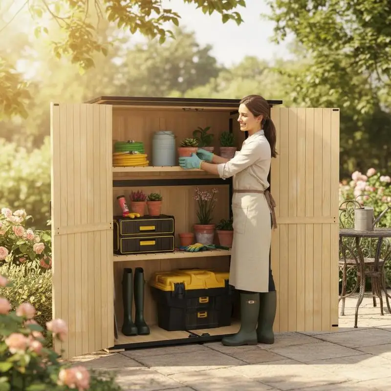 

Wood and Steel Garden Storage Cabinet, Outdoor Tool Cabinet with Asphalt Roof, 2 Shelves, Lockable Doors, Natural Wood